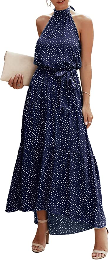 PRETTYGARDEN Women's Casual Halter Neck Sleeveless Floral Long Maxi Dress Backless Loose Ruffle Sundress with Belt