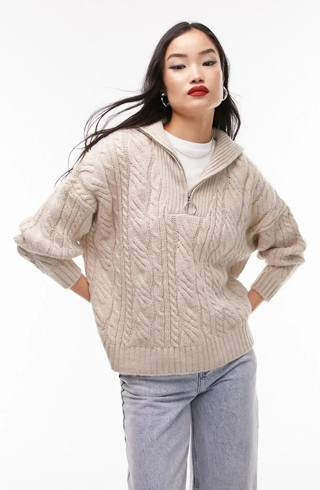 Top Shop Cable Knit Half Zip Sweater