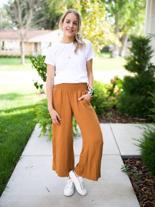 orange pants and white tshirt