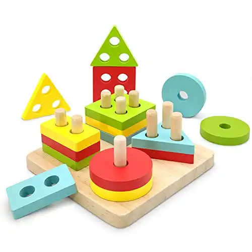 Montessori Toys for 1 2 3 Year Old Boys Girls Gifts, Wooden Sorting and Stacking Toys for Toddlers 1-3
