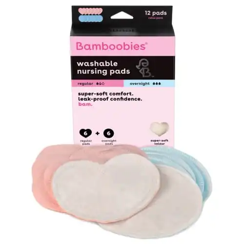 Bamboobies Women’s Overnight Nursing Pads, Reusable and Washable, Pink Regular and Blue Overnight, Variety Pack, Leak-Proof Pads for Breastfeeding