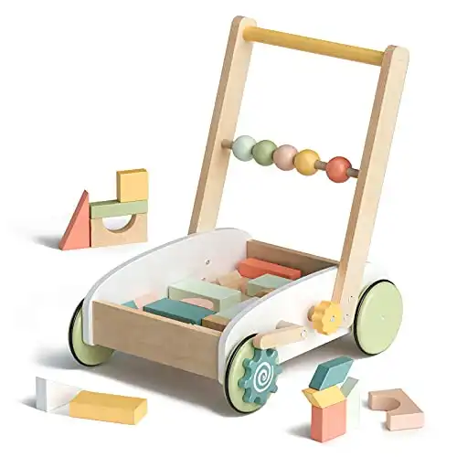 Robud Wooden Baby Walkers Push Toys for Babies Learning to Walk with Wheels Building Blocks
