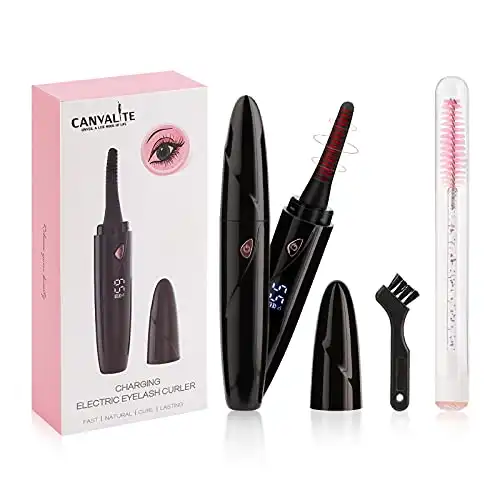 Heated Eyelash Curler,Canvalite Electric USB Rechargeable Lash Curler with Waterproof Comb & LCD Digital Display &4 Temperature Gears,Quick Natural Long-Lasting Curling Lash for Women