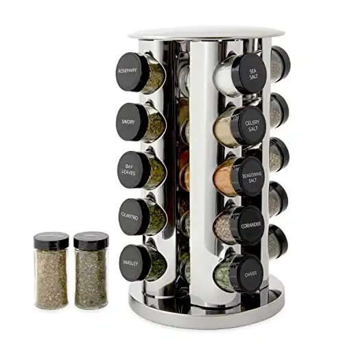 Kamenstein Revolving 20-Jar Countertop Rack Tower Organizer with Free Spice Refills for 5 Years, Polished Stainless Steel with Black Caps