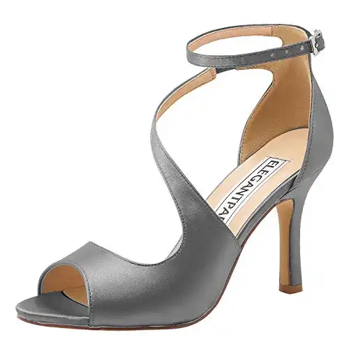 ElegantPark HP1565 Steel Grey Sandals for Women Peep Toe Dress Shoes Ankle Strap Sandals Satin Prom Evening Party Wedding Shoes US 5
