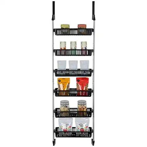 Smart Design 6-Tier Over The Door Pantry Organizer with 6 Full Baskets - Adjustable Steel and Resin with Stabilizing Brackets to Eliminate Sway - Wall Mountable Kitchen Spice Rack - Black