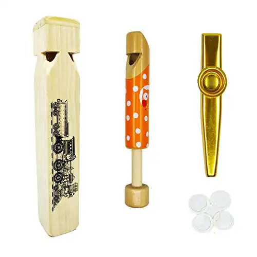 Wooden Train Whistle,Wooden Slide Whistle and Gold Aluminum Alloy Kazoo