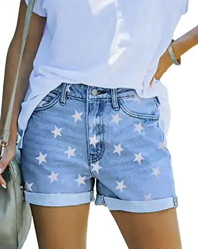 KISSMODA Women’s Denim Shorts Rolled Up Hem Elegant Classic Jeans Cute Hot Mid Rise Short Star Print Small