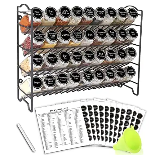 SWOMMOLY Spice Rack Organizer with 36 Empty Square Spice Jars, 396 Spice Labels with Chalk Marker and Funnel Complete Set, for Countertop, Cabinet or Wall Mount