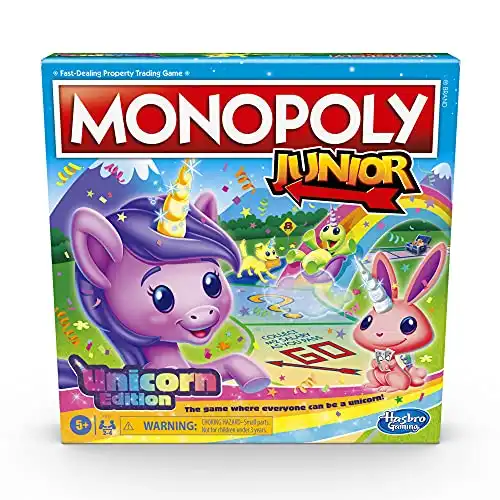 MONOPOLY Junior: Unicorn Edition Board Game for 2-4 Players, Magical-Themed Indoor Game for Kids Ages 5 and Up