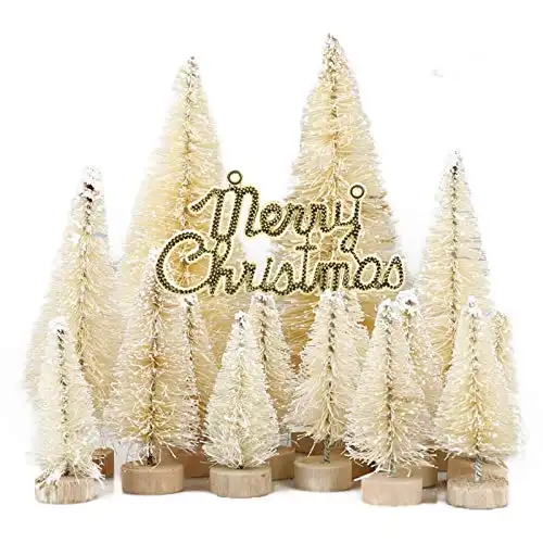Nuxn 49pcs White Artificial Mini Christmas Tree Set Miniture Pine Trees Sisal Trees Snow Frost Ornaments with Wooden Bases Plastic Bottle Brush Trees Tabletop Trees for Crafts DIY