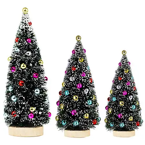 3 Pack Artificial Mini Tabletop Christmas Trees Tiny Frosted Bottle Brush Trees Decorated Small Sisal Trees with White Snow and Colorful Beads for Winter Holiday Miniature Village Décor Assorted Size...