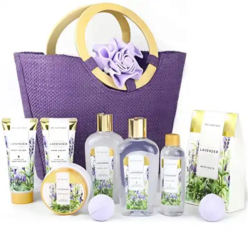 Spa Luxetique Gift Baskets for Women - 10pcs Lavender Bath and Body Gift Set with Bath Bomb, Body Lotion, Bubble Bath