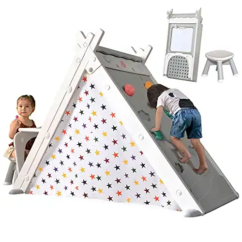 Merax Foldable Triangle Climber, 4-in-1 Kids Hideaway Play Tent with Art Easel, Stool for Toddlers, Climbing Triangle Crawling Tunnel Toy Activity Play Set (White)