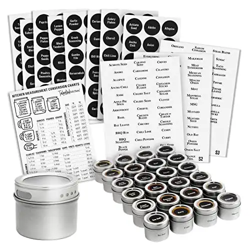 Set of 24 Magnetic Spice Tins with 24 Window-Top Sift and Pour Lids, 269 Preprinted Seasoning Label Stickers in 2 Styles for 3 oz Herb Jars Magnetic Spice Jar Magnetic Spice Tins