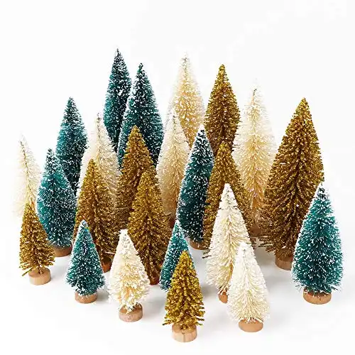 AerWo 24PCS Artificial Mini Christmas Trees, Upgrade Sisal Trees with Wood Base Bottle Brush Trees for Christmas Table Top Decor Winter Crafts Ornaments Green, Gold and Ivory