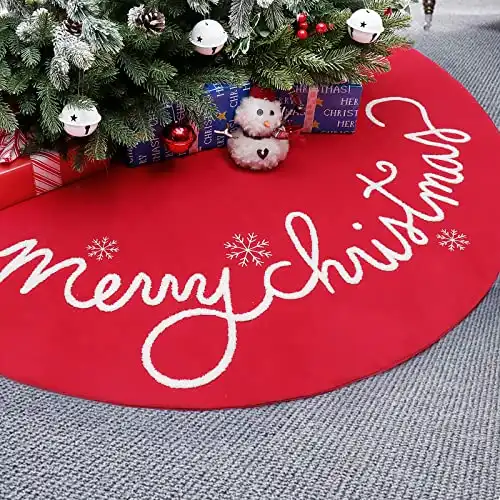 QLEKEY 48 Inch Christmas Tree Skirt Red Large Plush Xmas Tree Mat with Merry Christmas Patterns Soft Thick Holiday Decor for Home Party