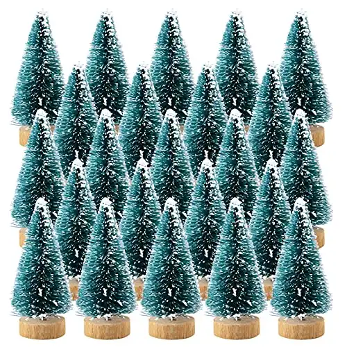 Etmact 24pcs Mini Pine Trees Frosted Sisal Trees with Wood Base Bottle Brush Trees Plastic Winter Snow Ornaments Tabletop Trees for Crafting, Displaying and Decoration (24 Pack)
