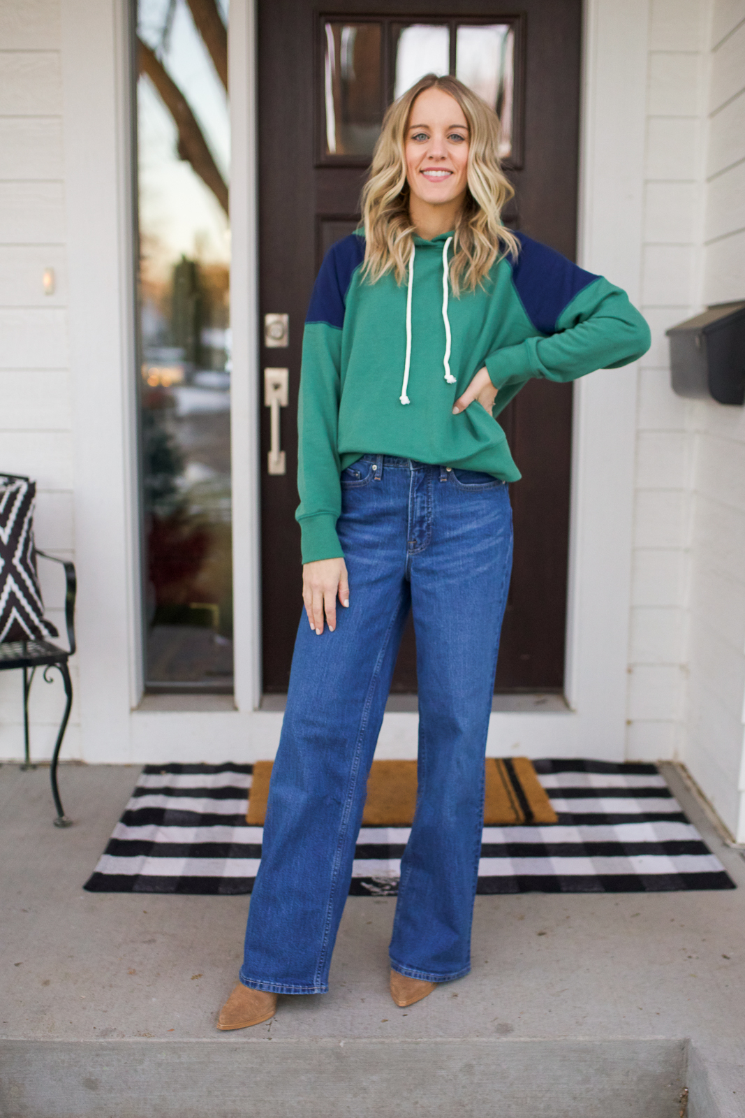 flare jeans and green sweatshirt from walmart