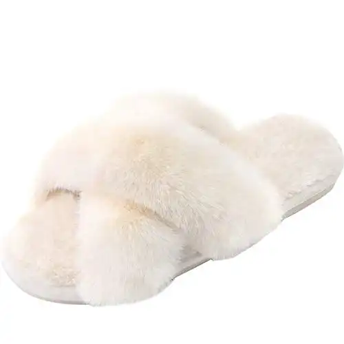 Women's Cross Band Slippers Fuzzy Soft House Slippers