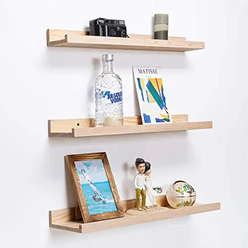 24 Inch Floating Shelves Natural Wood Wall Mounted Set of 3,Wooden Large Picture Ledge Shelf for Home Decoration for bedrooms,Office,Living Room, Kitchen ,3 Different Sizes