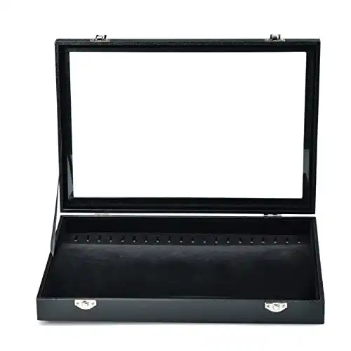 Wudygirl 20 Hooks Necklace Tray Storage Box Jewelry Display Stackable Glass Top Lockable Black Velvet Boxes