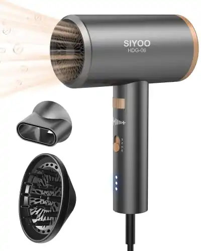 SIYOO Professional Hair Dryer, Ionic Blow Dryer with Diffuser and Nozzle, 1600 Watt Negative Ions Salon Lightweight and Quiet Hairdryer Gold