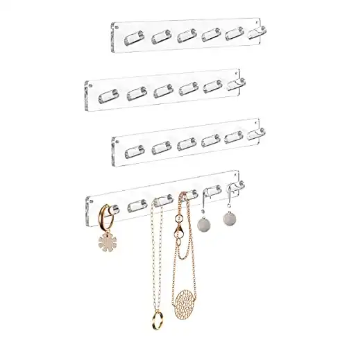 Wall Mounted Necklace Hanger, 4 Pack Acrylic Jewelry Stand Organizer, Bracelets Rings Bangles Display Rack