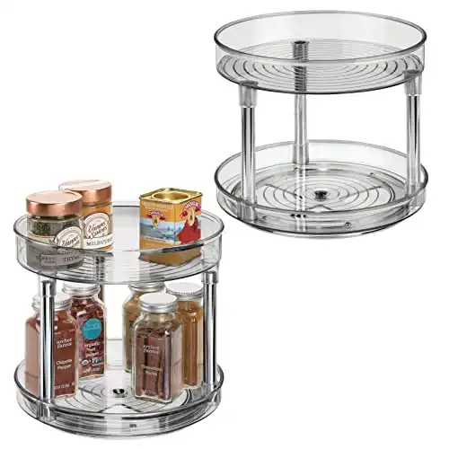 mDesign 2 Tier Lazy Susan Turntable Food Storage Container for Cabinets, Pantry, Fridge, Countertops - Raised Edge, Spinning Organizer for Spices, Condiments - 9" Round, 2 Pack - Smoke Gray