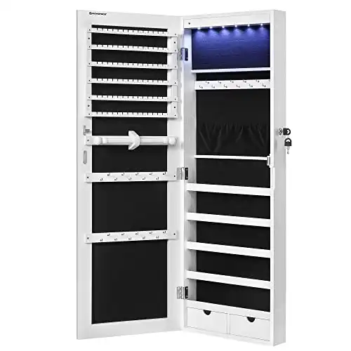 Hanging Jewelry Cabinet, Wall-Mounted Cabinet with LED Interior Lights, Door-Mounted Jewelry Organizer, Full-Length Mirror