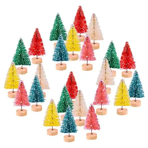 24Pcs Multicolor Mini Sisal Trees Bottle Brush Trees Mini Christmas Trees Pine Trees with Wood Base