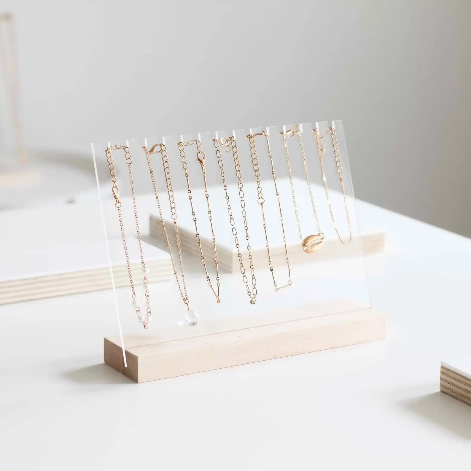 Romane Necklace Holder Wood and Clear Acrylic Plank