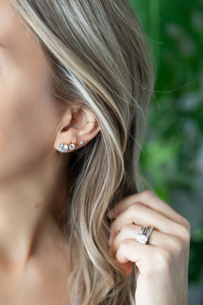 woman wearing cubic zirconia earrings from amazon