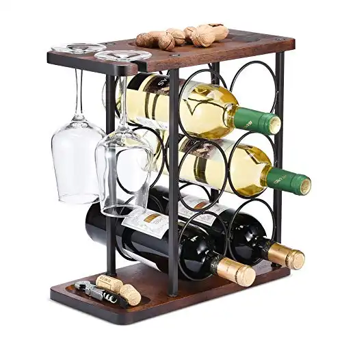 ALLCENER Wine Rack with Glass Holder, Countertop Wine Rack, Wooden Wine Holder with Tray, Perfect for Home Decor; Kitchen Storage Rack
