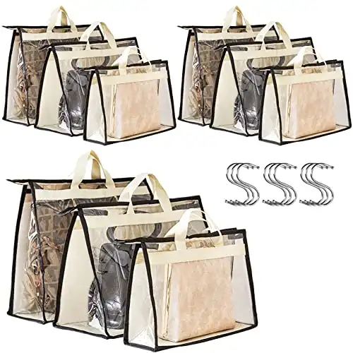Peohud 9 Pack Clear Handbag Storage Organizer, Dust Bags for Handbags, Transparent Purse Organizer for Closet, Hanging Handbags Dust Cover Bags with Zipper, Handles and Hooks