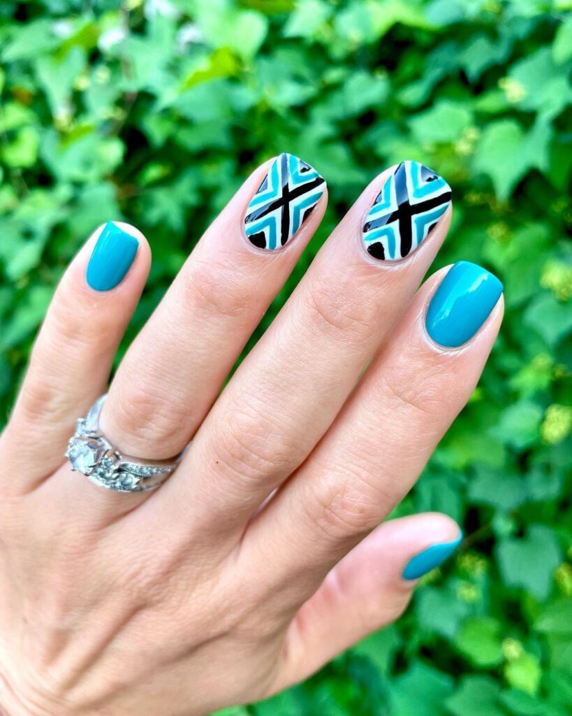 Blue and black geometric nails