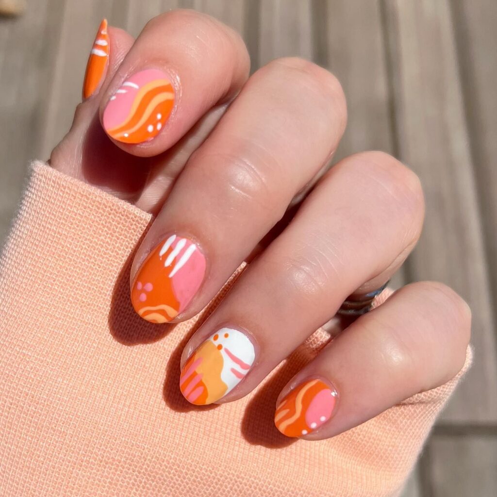 summer sunset orange and pink nail art