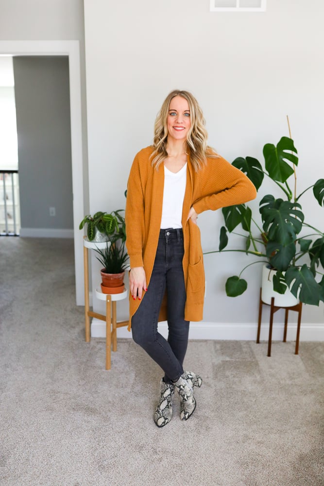 white tshirt tan cardigan, grey pants and snakeskin boots