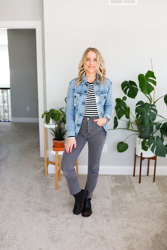 GREY JEANS AND CHELSEA BOOTS OUTFIT