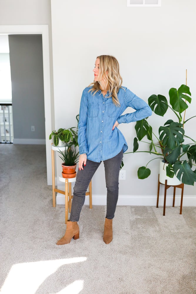 grey jeans and denim shirt