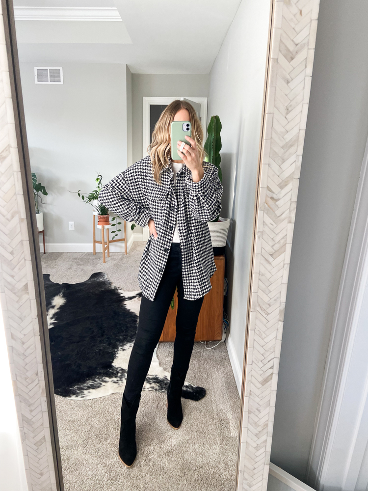houndstooth shacket and black skinny jeans