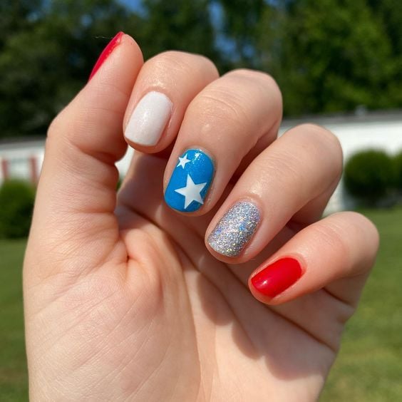red white blue and glitter mani