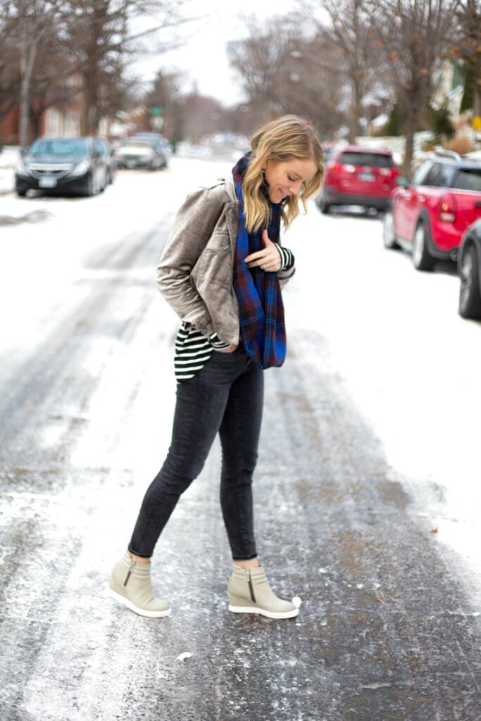 grey jeans, wedge shoes, stripe top, and plaid scarf