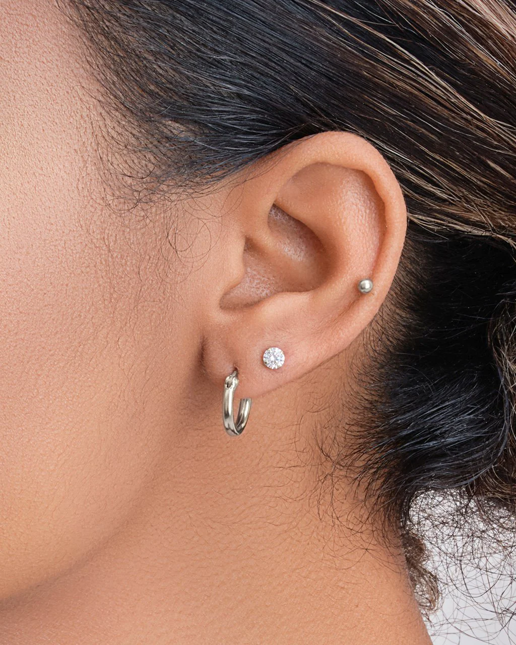 Sterling Silver Sphere, CZ Stud, & Hoop Earring Set of 3