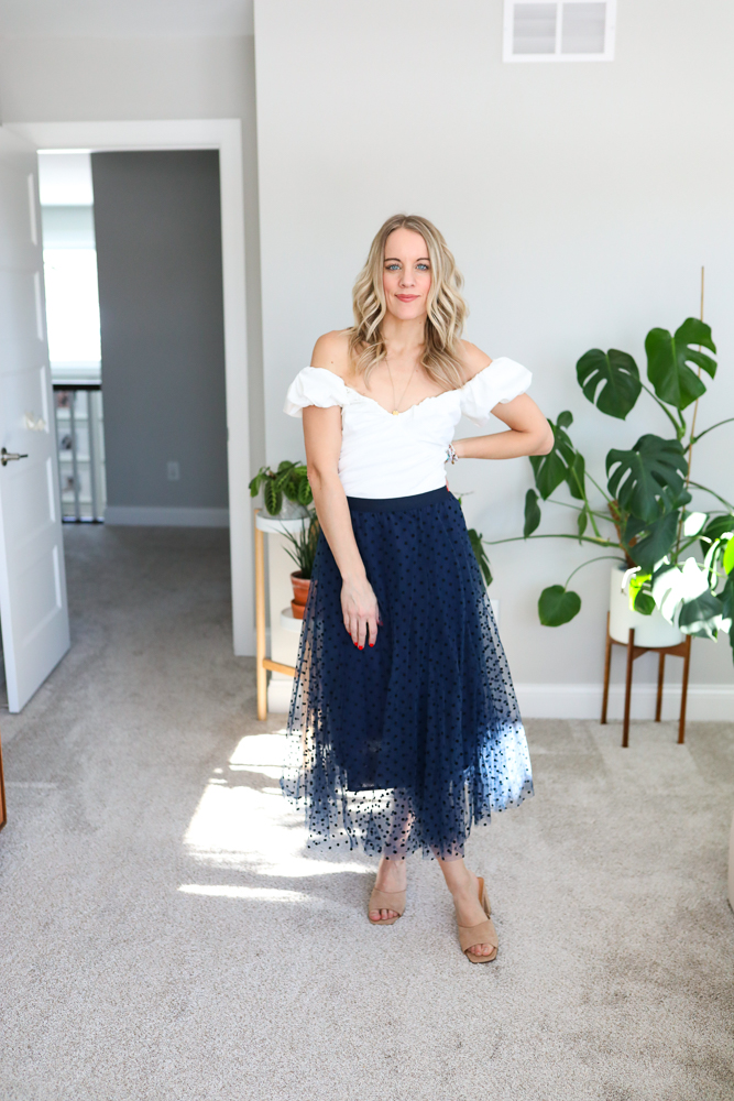off the shoulder bodysuit and tulle skirt