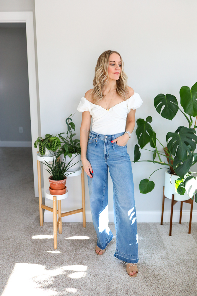 off the shoulder bodysuit and wide leg jeans