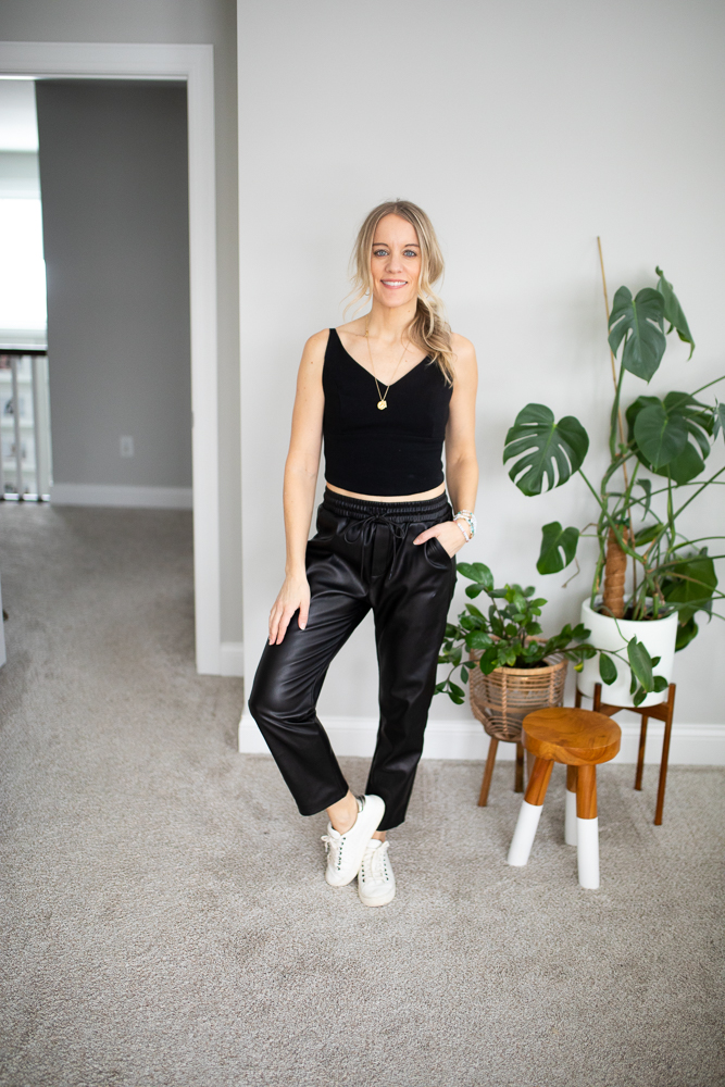bralette and faux leather joggers