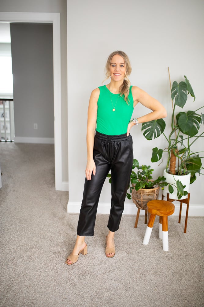 faux leather joggers and body suit with heeled sandals