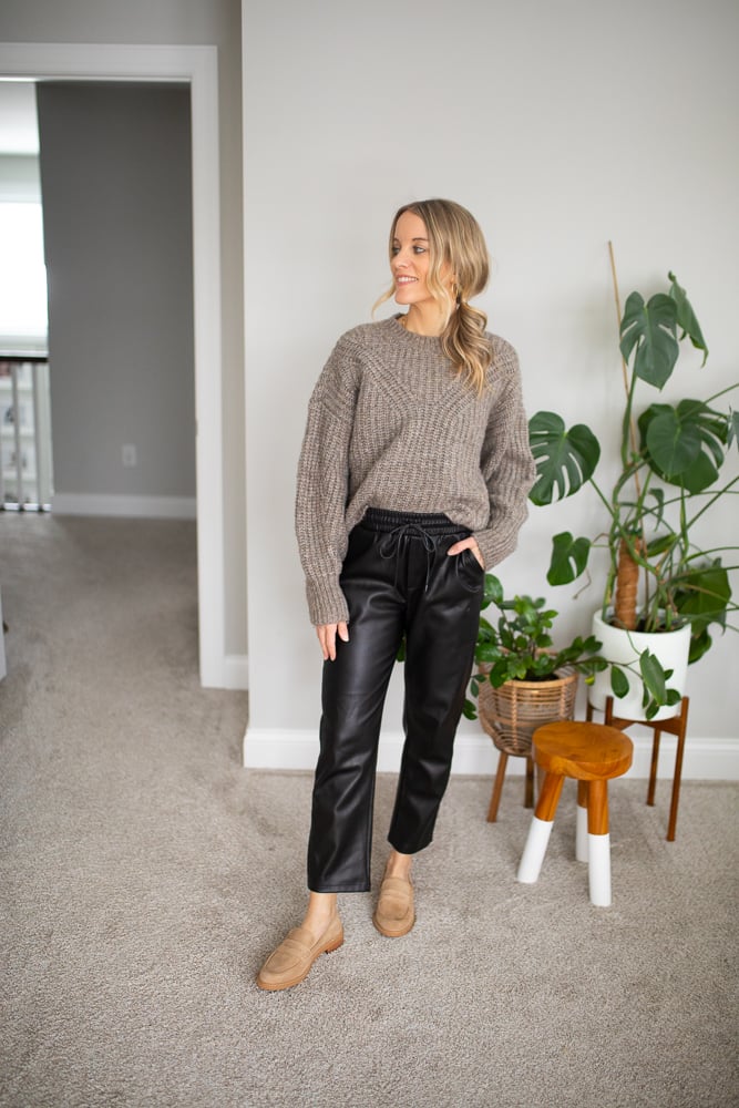 Sweater and Loafers with Faux Leather Joggers
