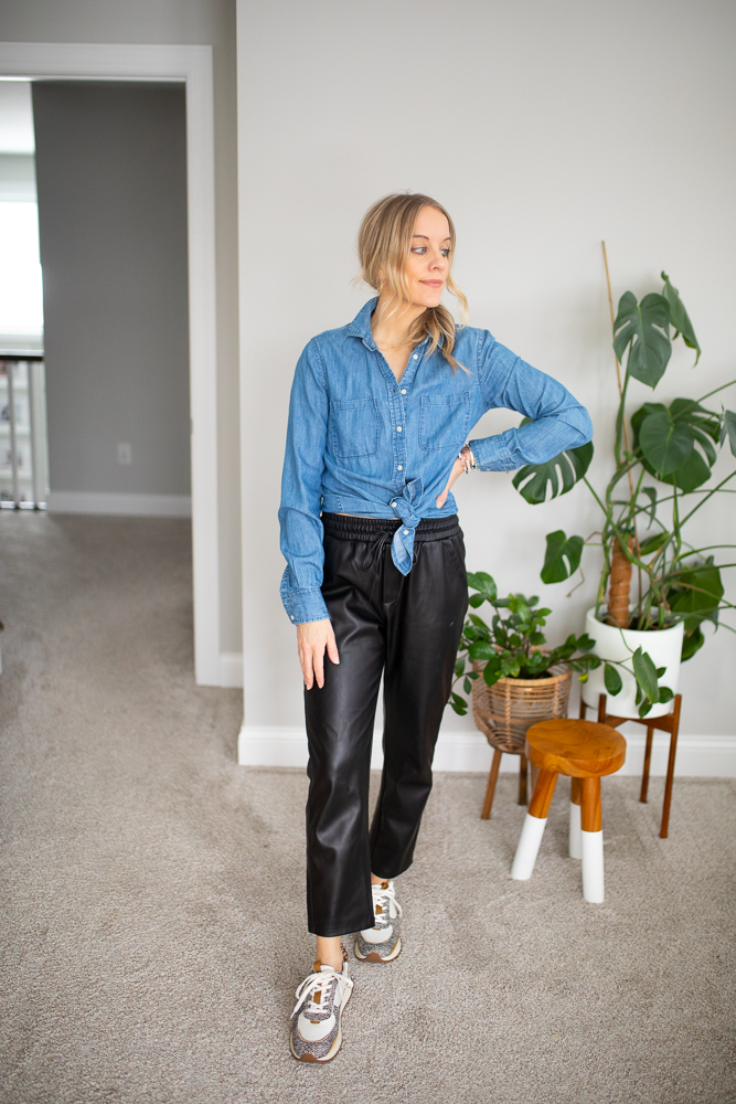 Chambray Top and Faux Leather Joggers